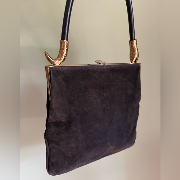 Vintage Suede Handbag, Snake Handle, Genuine Leather Purse - Picture 4 of 8